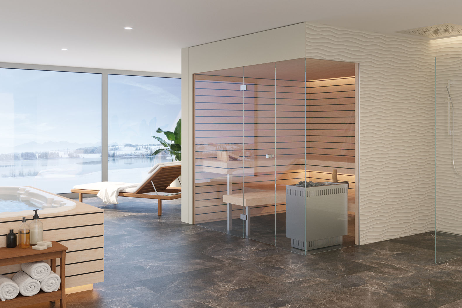 Die Sauna «Essenza» begeistert mit einer grosszügigen Glasfront. Gefederte Liegeflächen sorgen für mehr Komfort. Küng Sauna + Spa AG.