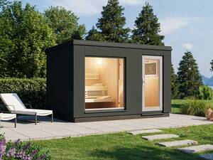 Die Aussensauna «Luna» präsentiert sich schlicht und elegant im eigenen Garten. Sie ist mit bodenebenem oder halbhohem Fenster erhältlich und kann entweder mit einer Lärchenaussenschalung oder mit modernen, langlebigen anthrazitfarbenen HPLPlatten ausgestattet werden. Tomwood AG.