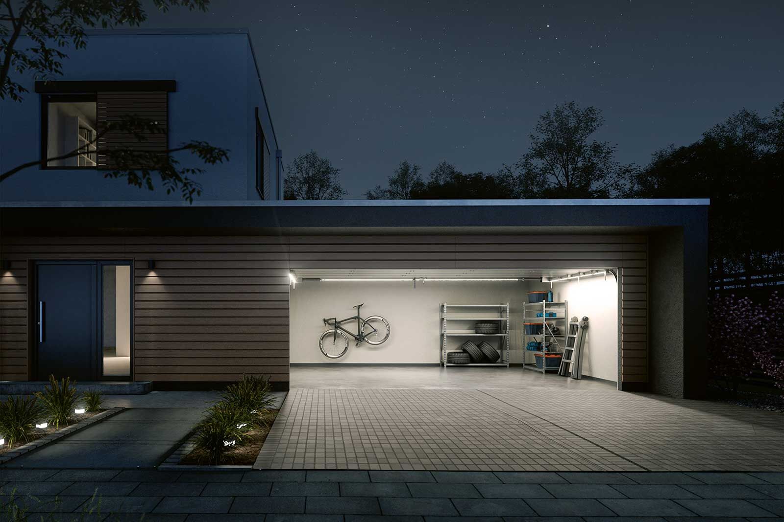 Ein Sektionaltor ist dank der Senkrechtöffnung eine platzsparende Lösung. Die Sektionaltore von Teckentrup sind doppelwandig und 40 Millimeter stark, was dämmend wirkt und somit vor Kälte, Wind und Wetter schützt. So kann die Garage auch als Werkstatt oder Hobbyraum genutzt werden. Das Öffnen und Schliessen erfolgt per Fernbedienung oder fest installierten Taster in der Garage. Die LED-Leiste gestaltet das Heimkommen in der Nacht angenehm. Zusätzlichen Komfort bieten Einparkhilfen und Leuchtsensoren. Teckentrup Schweiz AG, www.teckentrup.ch