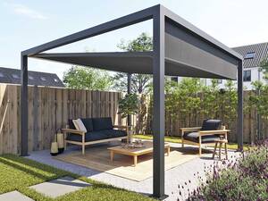 Dank der beweglichen Dachkonstruktion lässt sich der Schatten- und Sonnenschutz «Qube Move» von Tomwood je nach Wetter und Tageszeit ­individuell anpassen. Das Stoffdach wirkt leicht und elegant, bietet aber gleichzeitig zuverlässigen Schutz vor intensiver ­Sonneneinstrahlung. Tomwood AG.