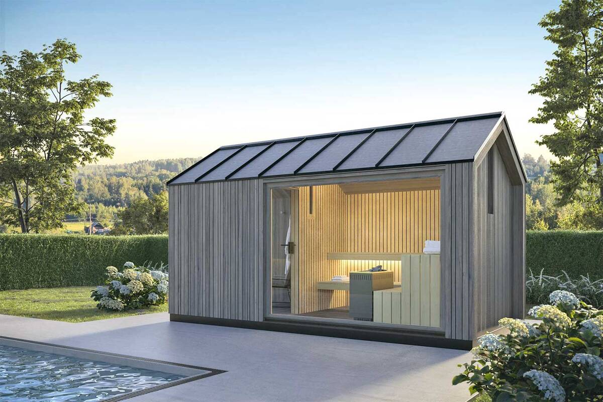 Das freistehende Saunahaus «Fjord» passt sich dank minimalistischem Design gut in die Natur ein. Entworfen wurde der gemütliche Rückzugsort vom Designerduo Tarantik & Egger. Küng Wellness AG.