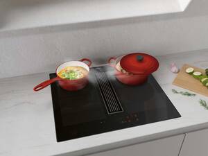 «Piana Compact» kombiniert ein leistungsstarkes Induktionsfeld mit einem effizienten Dunstabzug und passt mit einer Breite von nur 60 Zentimeter auch in kleine Küchen. Wesco AG.